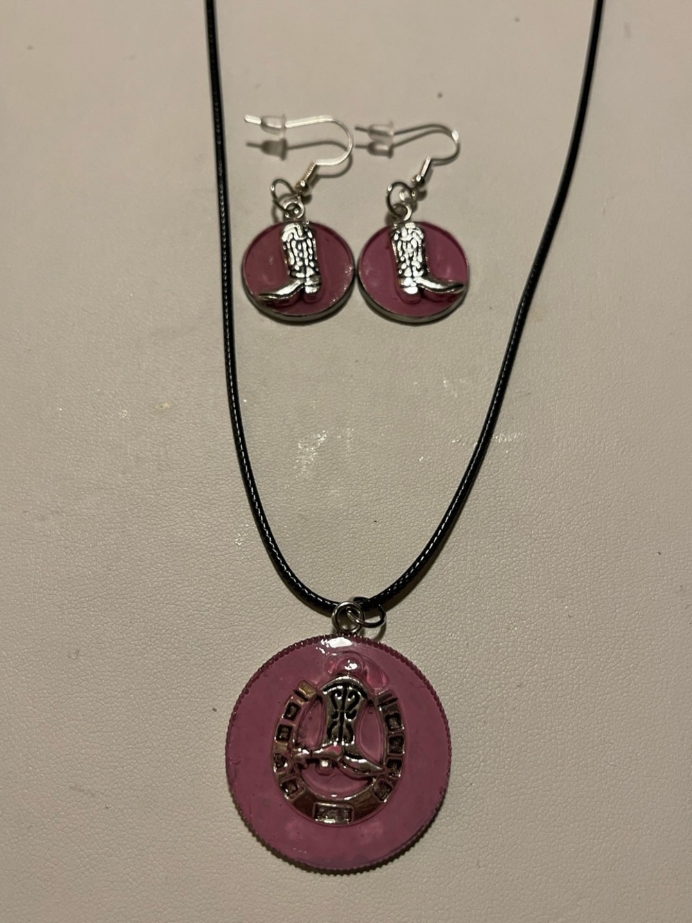 Pink Enamel Horseshoe & Cowboy Boot Necklace and Earring Set